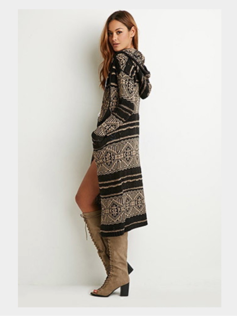 Hooded Aztec Knit Duster Cardigan